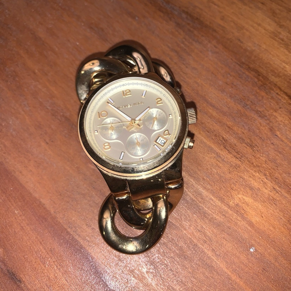MICHAEL KORS WATCHβ RUNWAY TWIST GOLD TONE CHRONOGRAPH CHAIN MK3131 NEW BATTERY